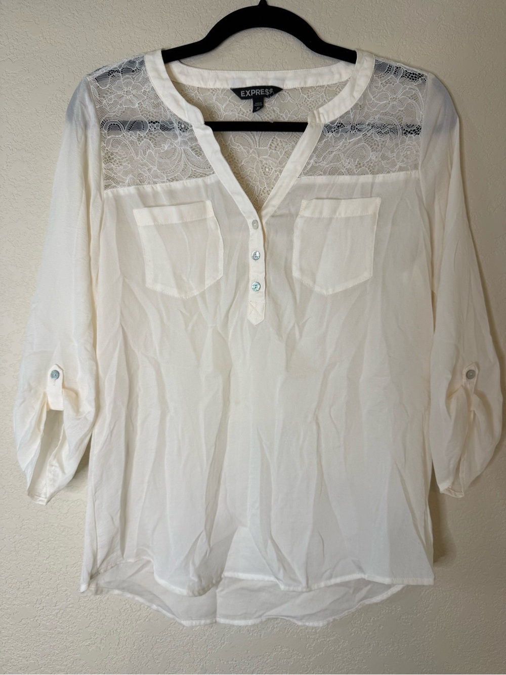 Express Cream Lace Yoke Henley Tunic